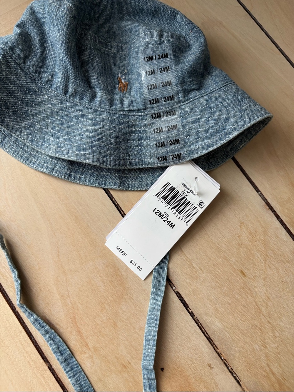 Polo by Ralph Lauren Light Blue Denim Baby Bucket Hat with Chin Straps - Picture 2 of 4